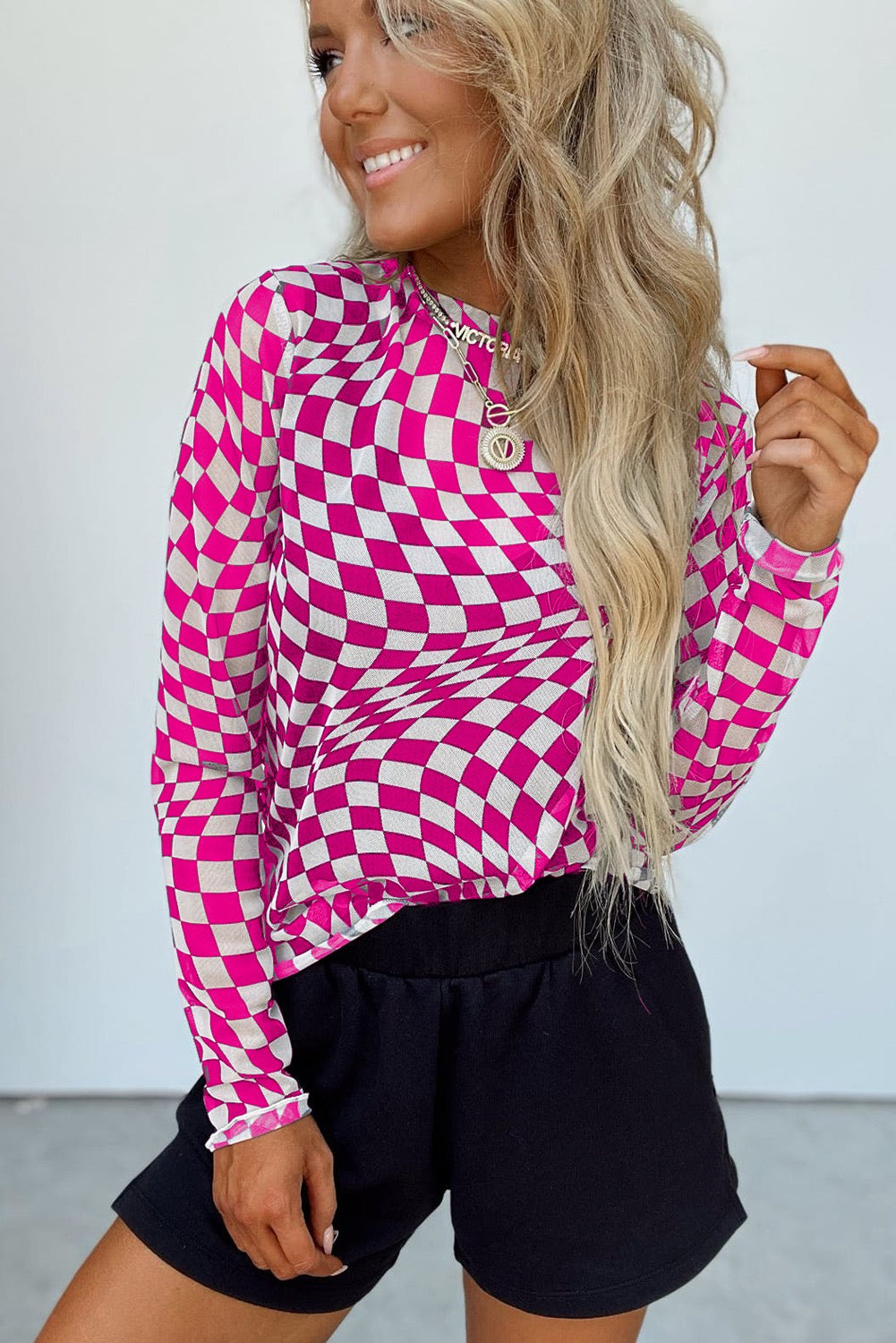 Pink Checkered Mesh Top