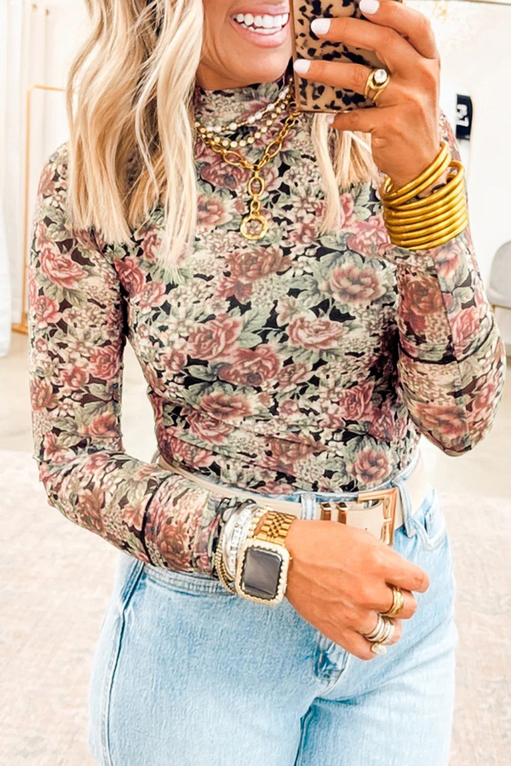 Brown floral mesh shirt