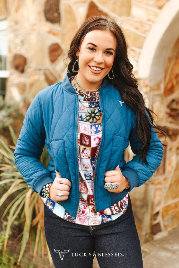 Blue quilted bomber jacket