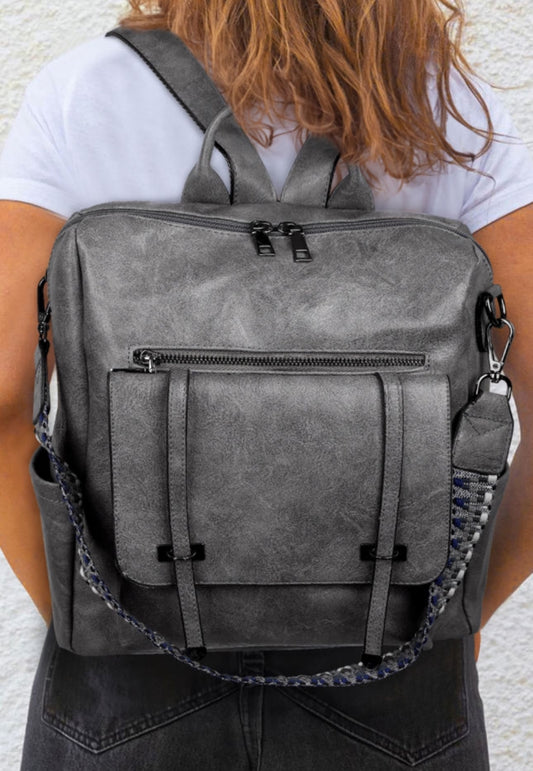 Grey Leather Backpack