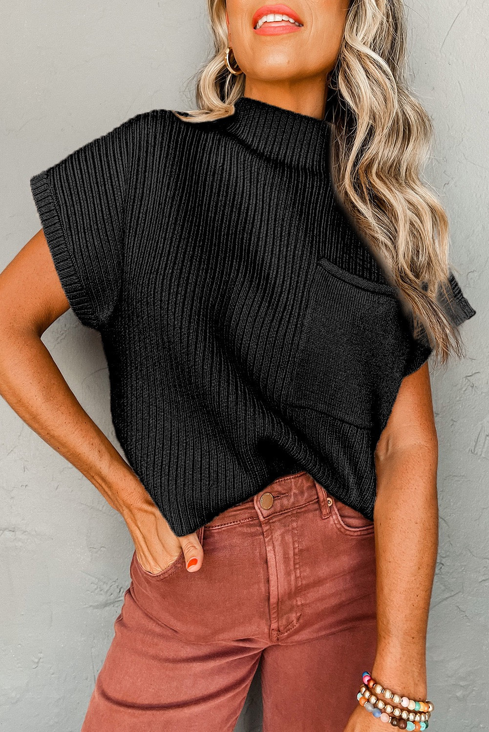 Black Pocket Ribbed Shirt