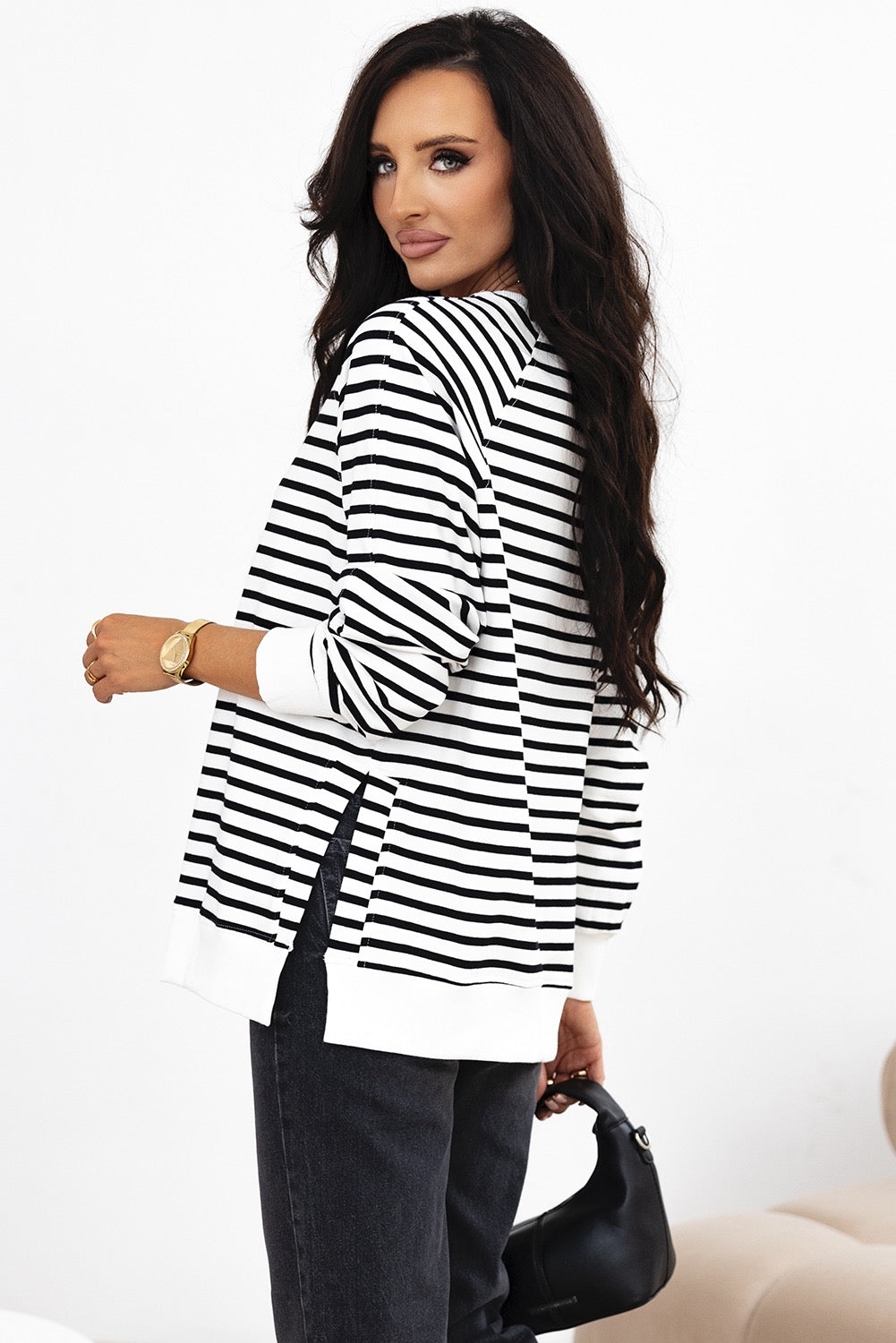 Black Striped Raglan Sleeve Shirt