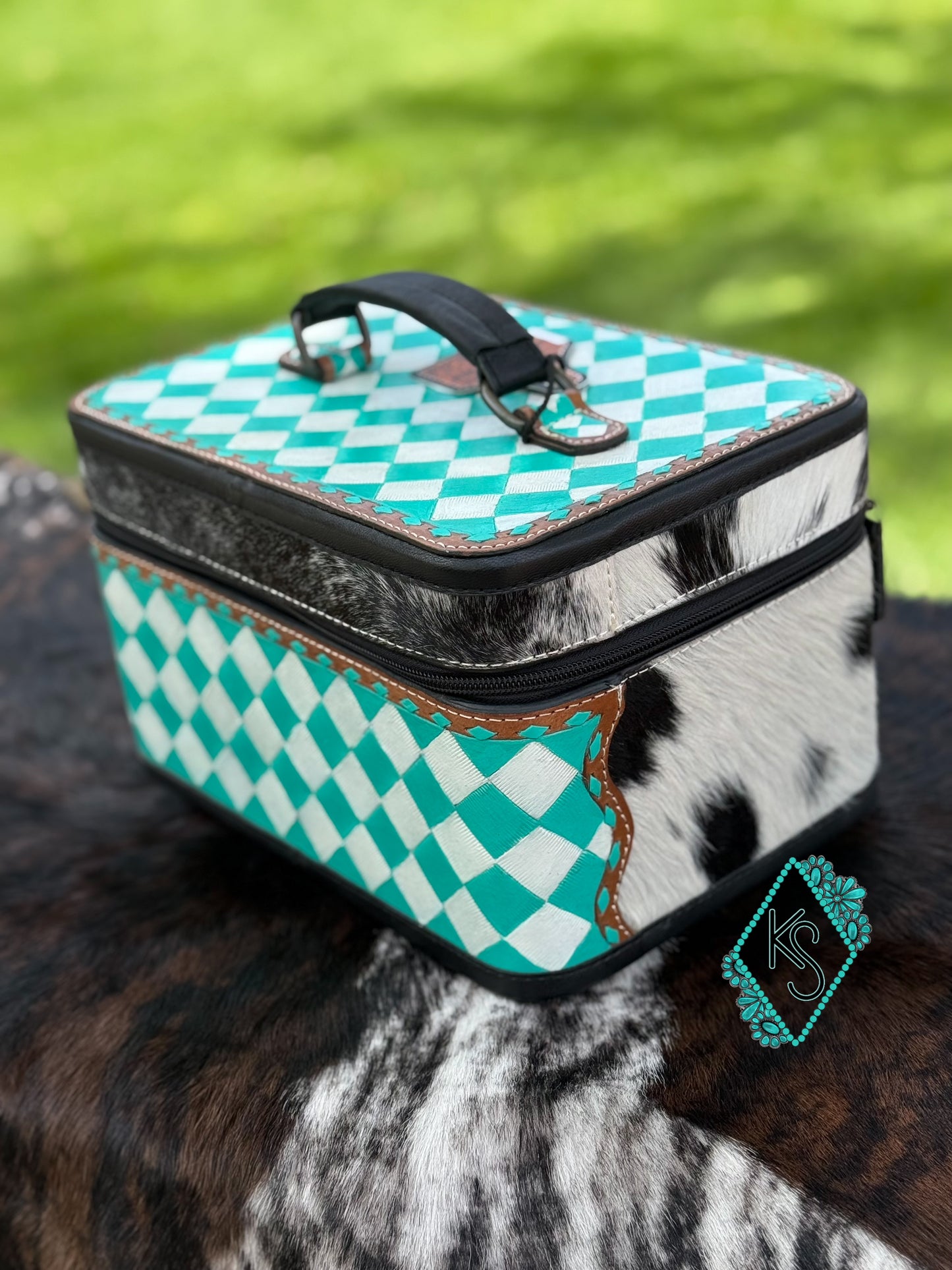 Teal checkered jewelry box