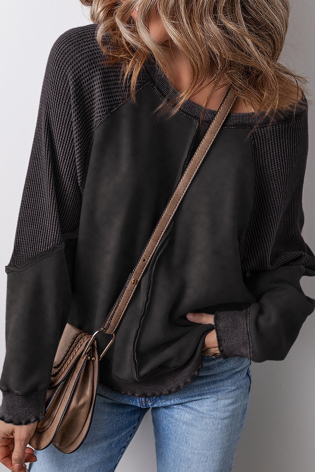 Black Waffle Knit Patchwork Shirt