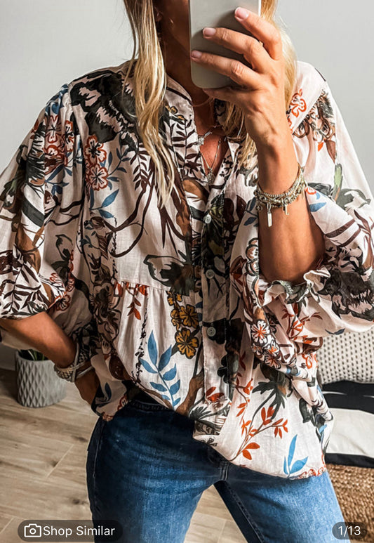 Floral Print Balloon Sleeve Blouse